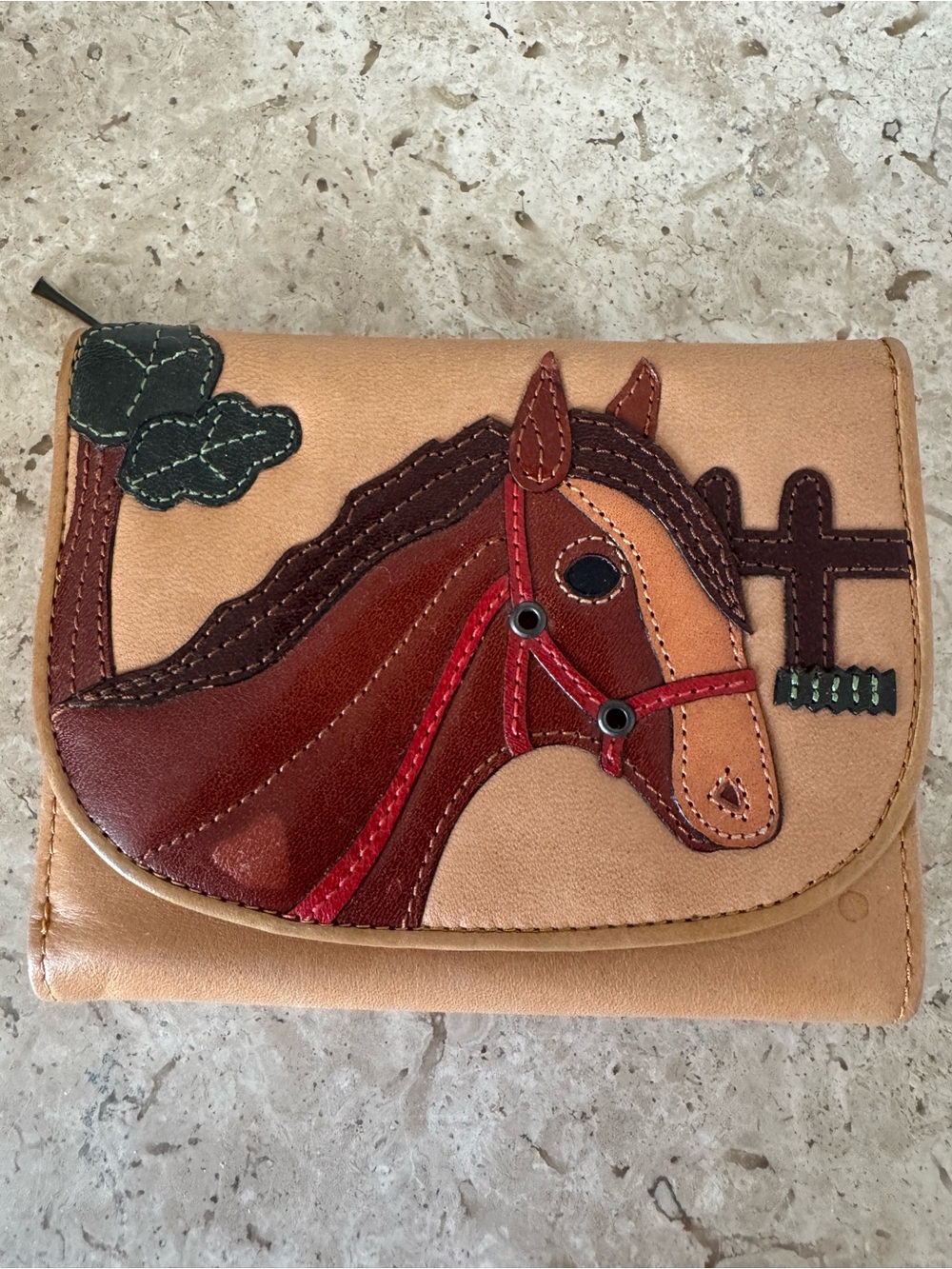 Women's Tan Leather Wallet with 3D Horse Appliqué.